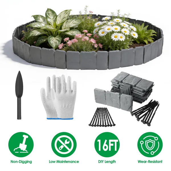 Main product image of 16FT Non-Digging Plastic Landscape Edging 20Pcs Faux Cobbled Stone Garden Borders With 20 Spikes Shovel Gloves Flexible Bendable For Flower Beds Pathways Tree Rings Garden Yard Lawn