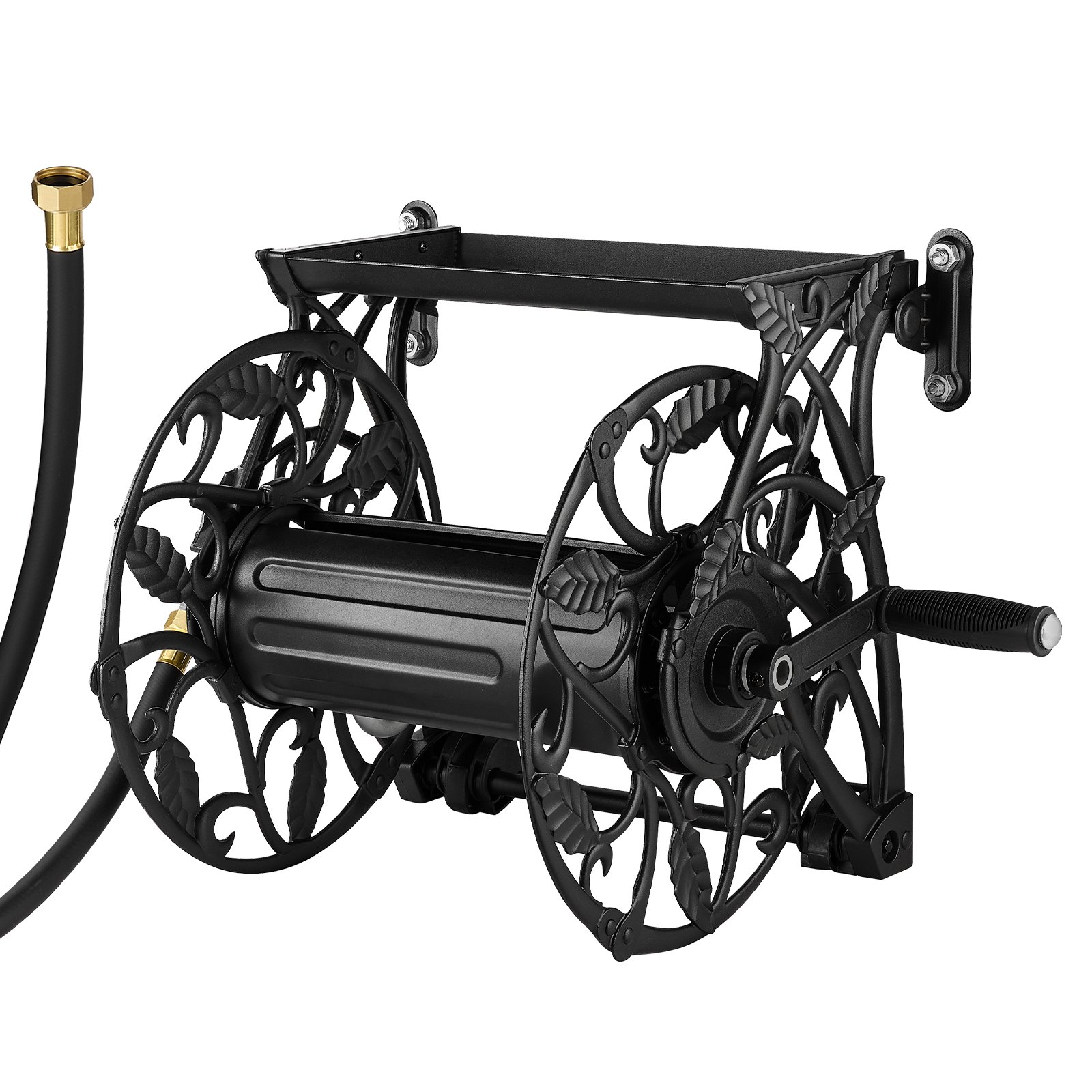 Wall Mounted Garden Hose Reel, Holds 135 Feet Of 5 8-inch Hose, Outdoor Heavy-Duty Waterhose Holder Winder, With Widened Top Tray, Aluminum Alloy Connector, Decorative Pattern, For Backyards
