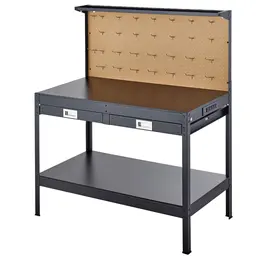 Hardwood Workbench, 242.5 Lbs Weight Capacity, 47.2-inch Heavy Duty Workbench With Pegboard, 4 AC Outlets & 2 USB Ports, 4.9 Ft Cable & 30 Hooks, Garage Work Bench With Drawer For Workshop