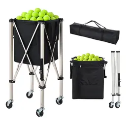 Tennis Ball Hopper, Holds 200 Tennis Balls, Foldable Pickleball Basket Cart With Wheels For Easy Pick Up, Stainless Steel Portable Pickleball Cart Caddy With Storage Bag, For Training Teaching