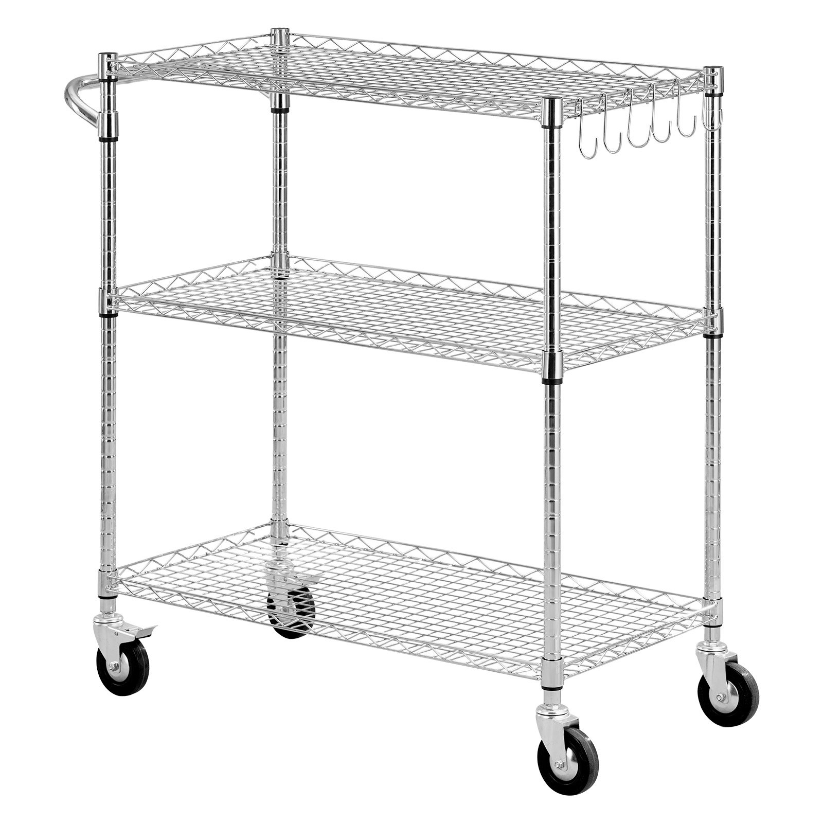 Kitchen Utility Cart, 3 Tier Heavy Duty Adjustable Wire Storage Rack, Commercial Steel Rolling Service Trolley On Wheels, Work Table With Handle Bar, For Garage And Laundry Room, 35x17.8x40.9 In