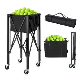 Tennis Ball Hopper, Holds 120 Tennis Balls, Foldable Pickleball Basket Cart With Wheels For Easy Pick Up, Lightweight Aluminum Alloy, Portable Pickleball Caddy With Storage Bag, For Training