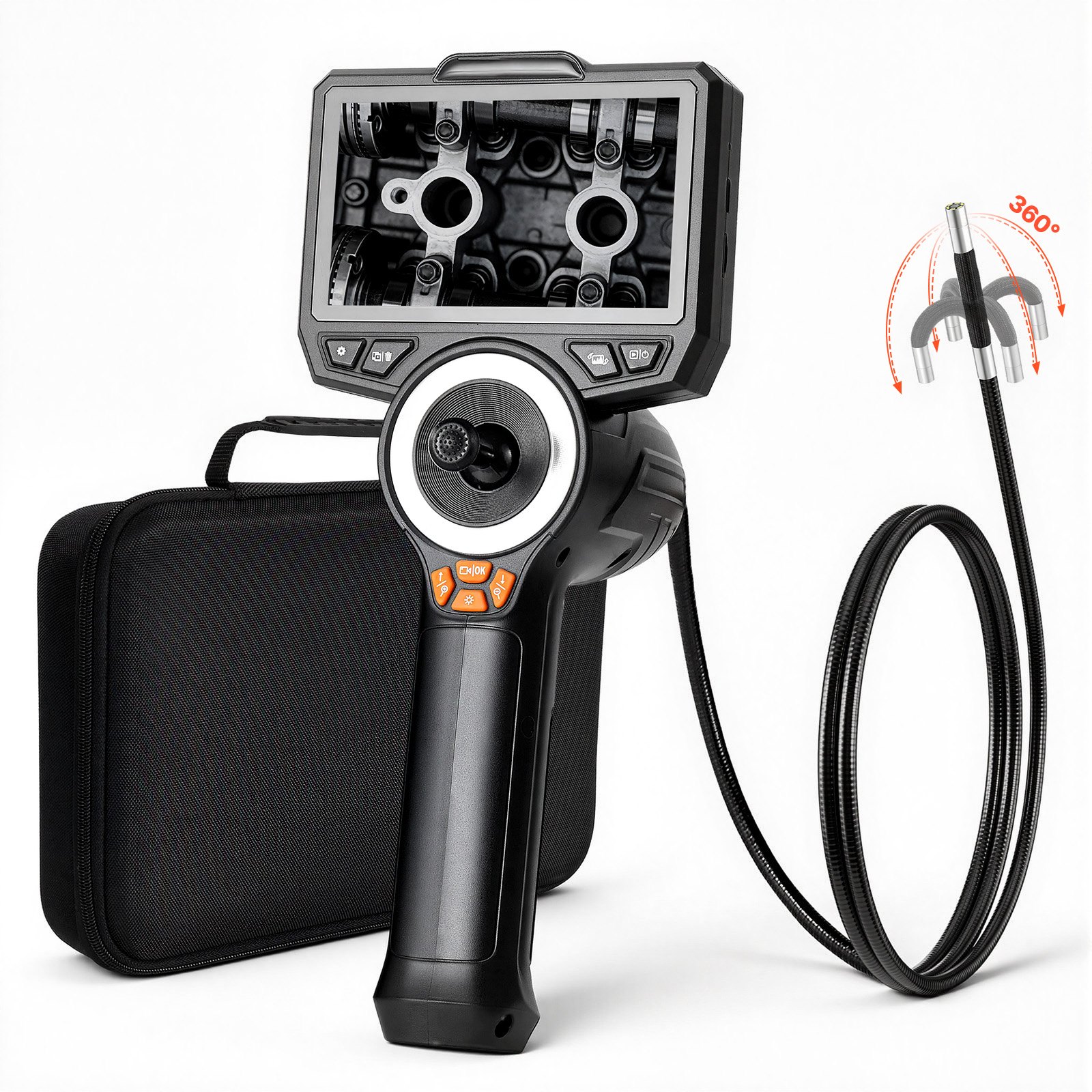 Articulating Endoscope With Light, 4-Way 360 Articulated Borescope, 0.24 Slim Lens 1920 X 1080, 4.5 HD IPS Screen, 8X Zoom Inspection Camera For Auto, Mechanical Equipment  4.9FT Snake Cable