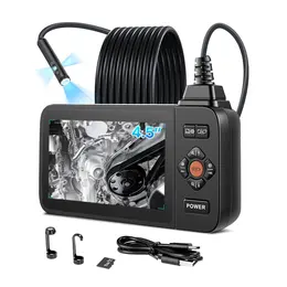 Triple Lens Endoscope With Light, 4.5 HD IPS Screen Industrial Borescope Camera, 8  2 Lights, 8X Zoom, IP67 Waterproof Inspection Snake Camera For Automotive, Plumbing  6.4FT Rigid Cable