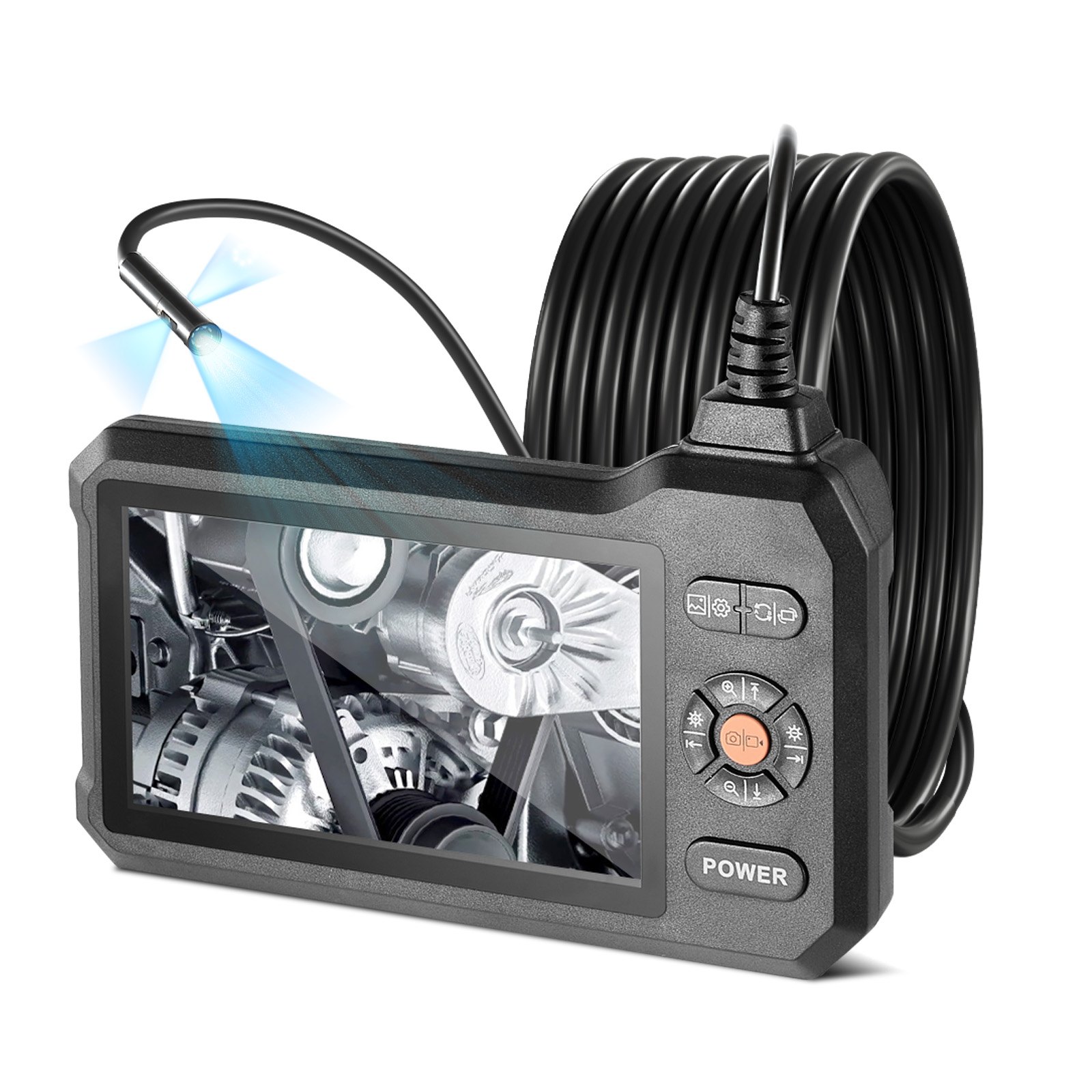Triple Lens Endoscope With Light, 5 HD IPS Screen Industrial Borescope, 1280 X 720 Lens, 8  2 LEDs, 8X Zoom, IP67 Waterproof Inspection Snake Camera For Auto, Plumbing 16.4FT Rigid Cable