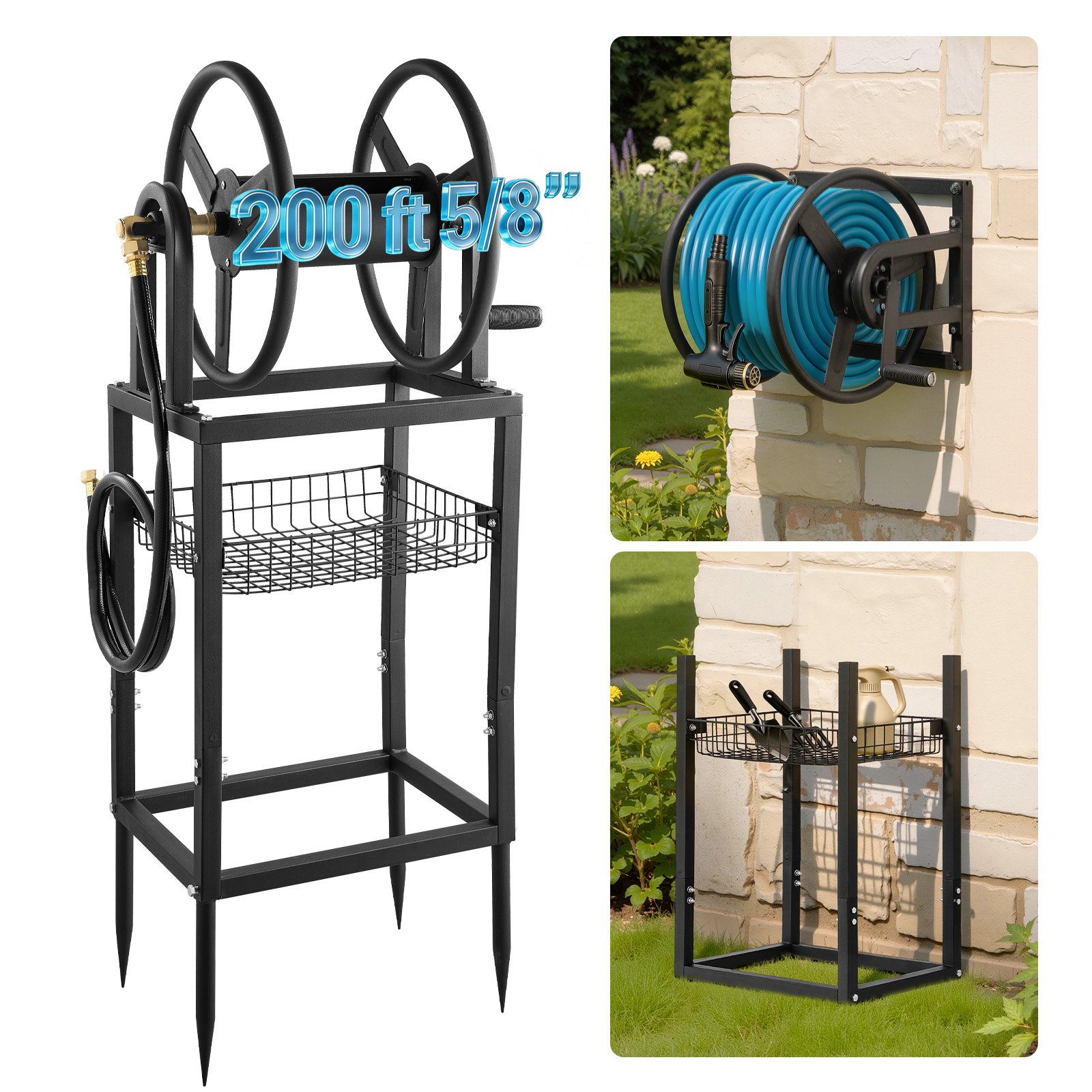 Freestanding Garden Hose Reel, Holds 200 Feet Of 5  8-inch Hose, Wall Mount Or Ground Mount, Detachable Holder Stand With Storage Rack, 5 Ft Leader Hose, Brass Fitting, 4 Spikes, For Backyards