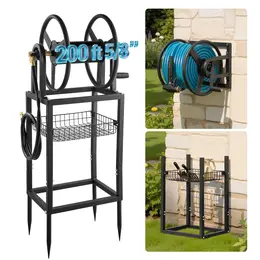 Freestanding Garden Hose Reel, Holds 200 Feet Of 5  8-inch Hose, Wall Mount Or Ground Mount, Detachable Holder Stand With Storage Rack, 5 Ft Leader Hose, Brass Fitting, 4 Spikes, For Backyards