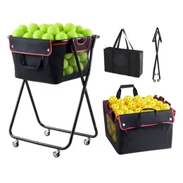 Tennis Ball Hopper, Holds 175 Tennis Balls Or 290 Pickleballs, Foldable Pickleball Basket Cart With Wheels For Easy Pick Up, Portable Baseball Cart Caddy With Storage Bag, For Training Coaching