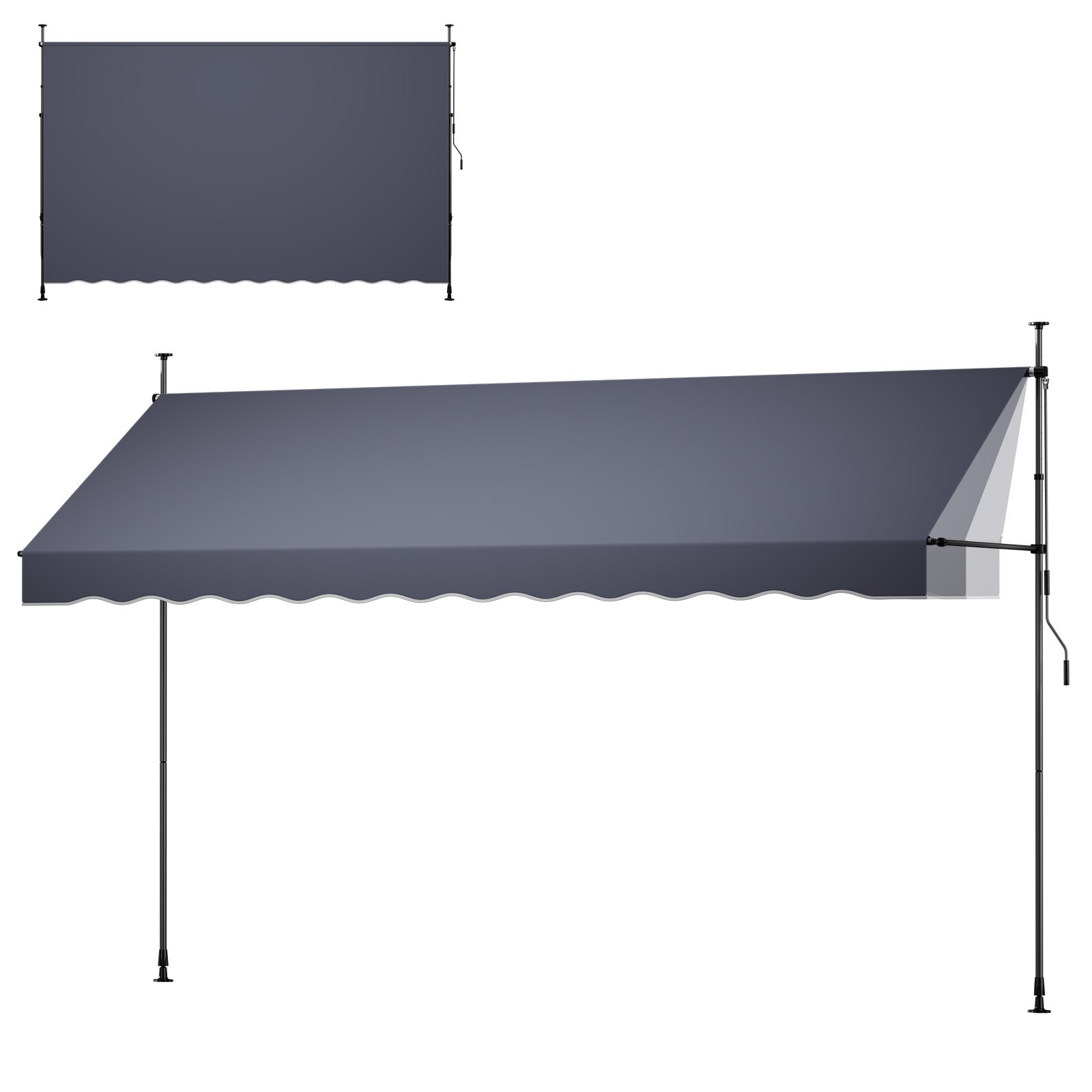 Manual Retractable Awning, 157" Outdoor Retractable Patio Awning Sunshade Shelter, Height Adjustable Patio Door Window Canopy With Manual Crank Handle For Backyard, Garden, Balcony, Dark Gray