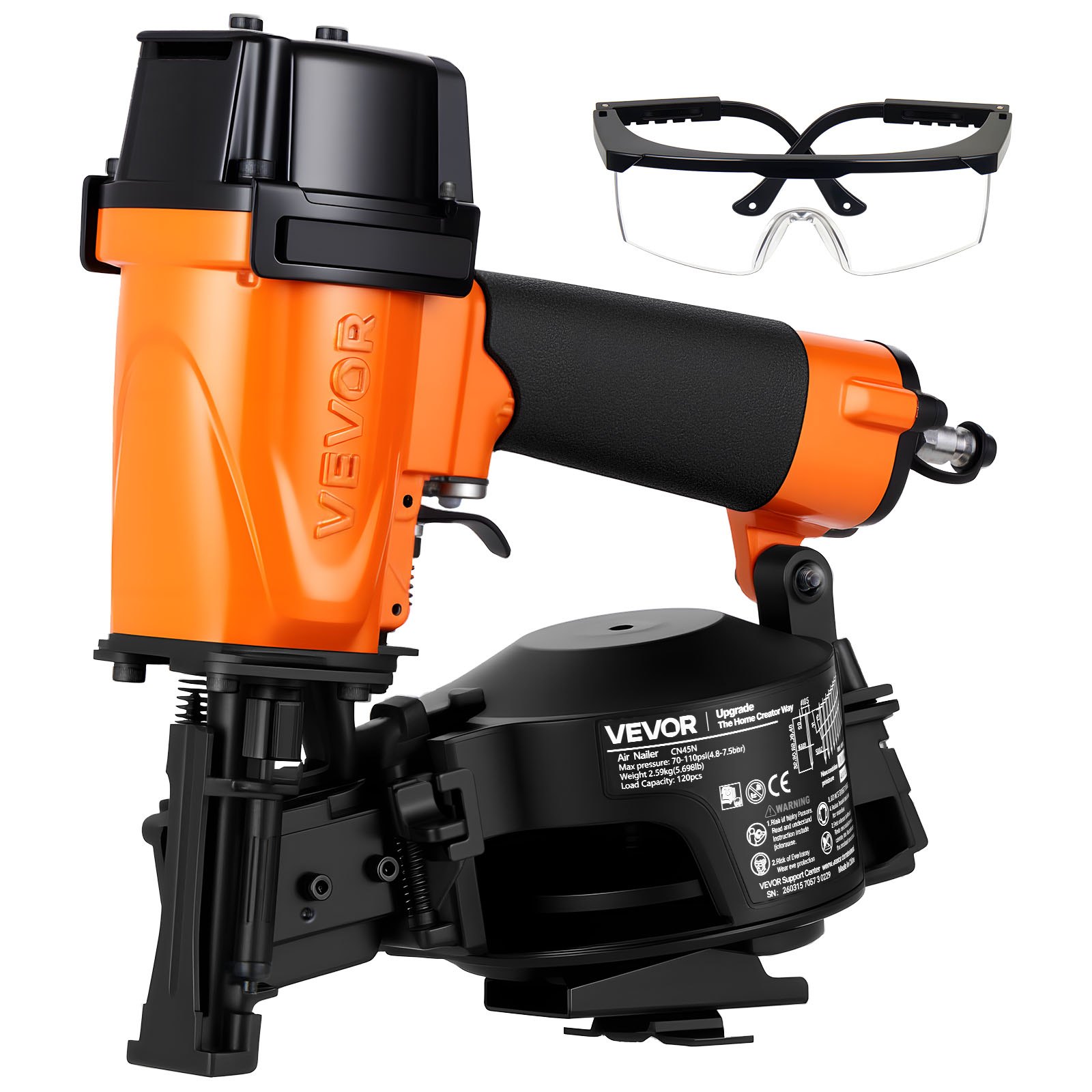 Professional Roofing Nailer CN45N, 3/4" To 1-3/4" 15 Degree Air Roofing Nail Gun, 4–5 Nails/S Ultra-Fast Nailing, 70-110 PSI Pneumatic Coil Nailer For Asphalt Shingles, Roof Sheathing