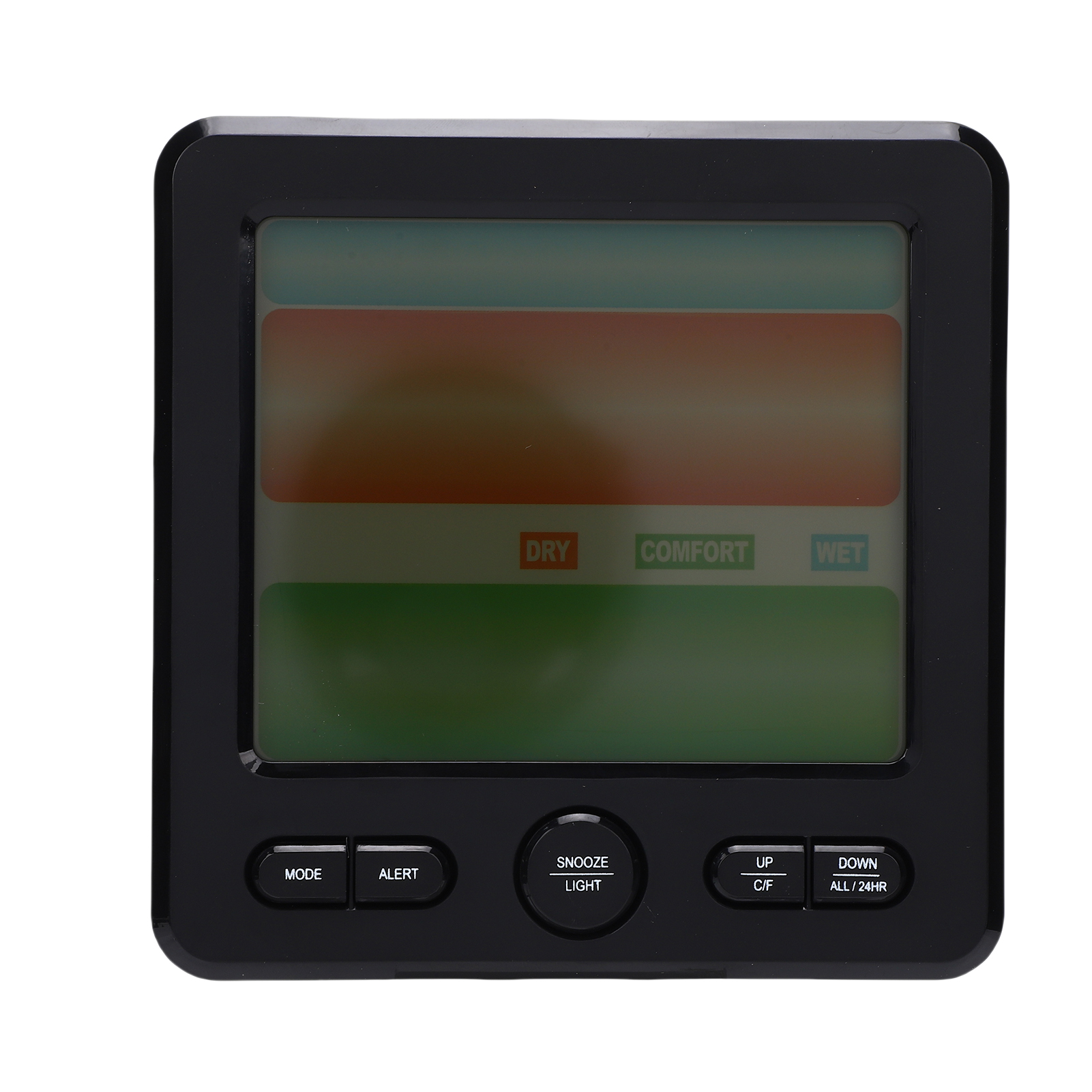 Digital Indoor Temperature And Humidity Timer, Featuring Functions Such As Displaying Time, Date, Day Of The Week, Backlighting, As Well As Recording The Highest And Lowest Temperatures. Black Model.