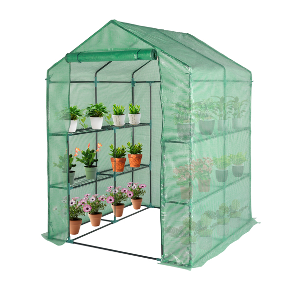 143x143x195cm Black Iron Pipe Steeple With 8 Pieces Grid Flower Stand With Zipper Rolling Door PE Cloth Greenhouse    SAME AS 54690859