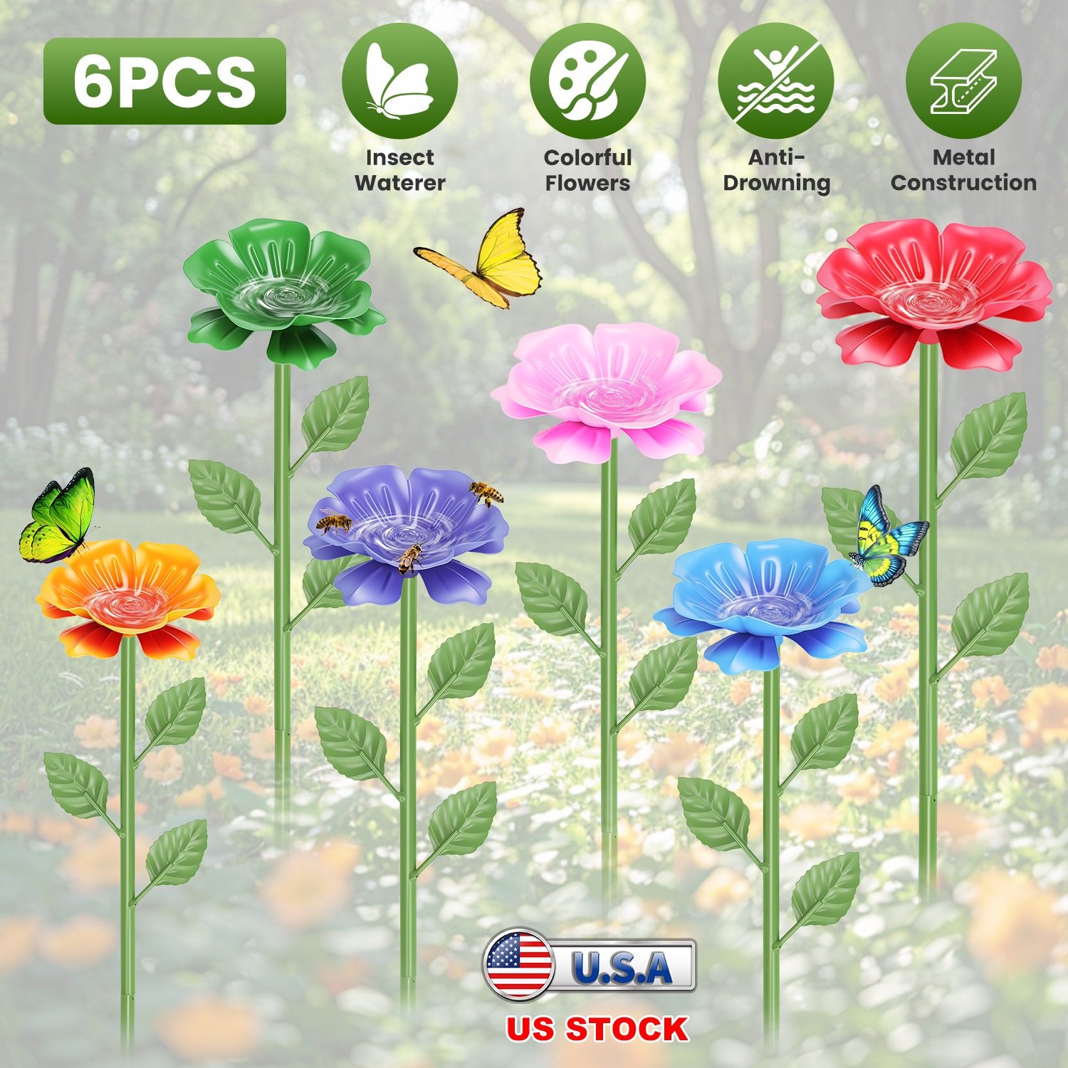 6Pack Metal Bee Watering Stations, Anti-Drowning Bee Butterfly Feeders Pollinator Stakes With Artificial Flowers For Outdoor Garden Courtyard Decor