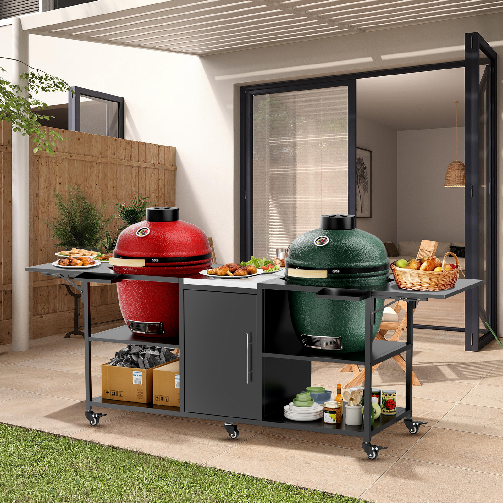 Outdoor Grill Cart For Two Big Green Egg, Metal Grill Table Compatible With Large Big Green Egg,Kamado Joe 18 Inch,and Other Similar Models