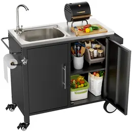 Outdoor Grill Cart with 304 Stainless Steel Sink, Cabinet, 38x18x35in