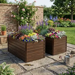 2-Pack 74.6in X35.4inx25in Raised Garden Bed Kit, Metal Elevated Planter Box, Open Drainage Base, 8 Reinforcing Rods, Rustproof Steel With Safety Edging -Easy Assembly For Vegetables, Flowers, Herbs