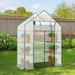 Mini Walk-in Greenhouse With PE Cover, 4-Shelf Indoor Outdoor Plant Gardening Green House For Garden Backyard, 56in  X 29in X 77in, White