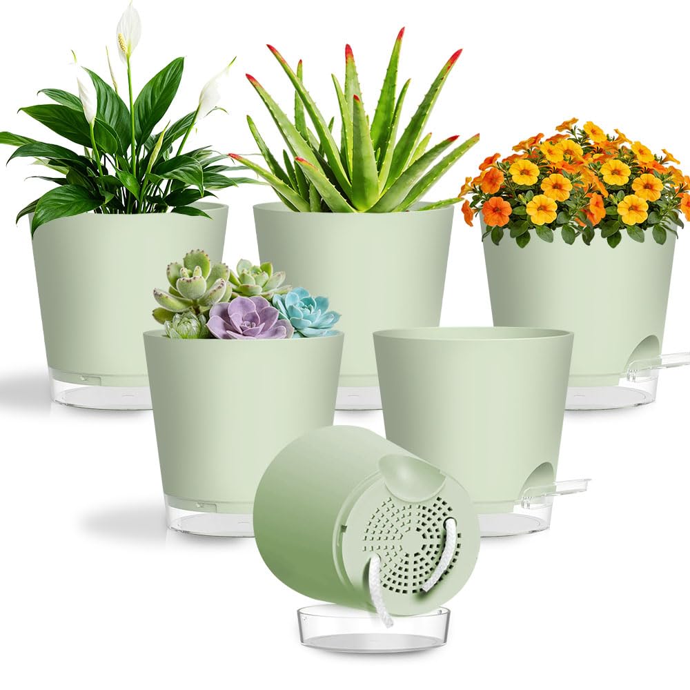 6 Green Flower Pots With Transparent Bottoms, 15 Cm In Diameter, With Transparent Bases And A Cotton Felt System, Suitable For Use Indoors, In The Garden, On The Balcony, In The Courtyard, Etc.