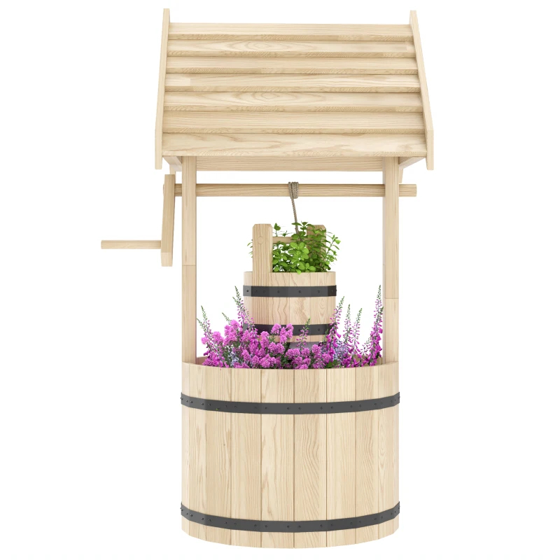 Wood Wishing Well For Outside With Hanging Bucket, Wishing Well Planter With Drain Hole For Garden Patio, Natural