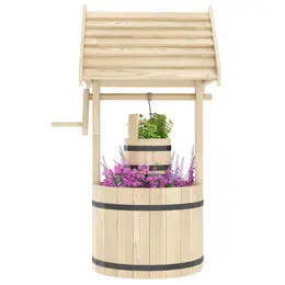 Wood Wishing Well For Outside With Hanging Bucket, Wishing Well Planter With Drain Hole For Garden Patio, Natural