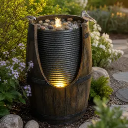 Outdoor Water Fountain With Bird Waterer, Rustic Barrel Garden Fountain With LED Lights And Pump, Faux Wood Resin Water Feature For Patio Backyard Porch Yard