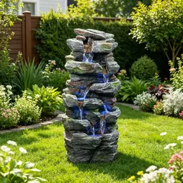 Rock Waterfall Outdoor Fountain With LED Lights Stone Garden Fountains Outdoor For Patio Lawn Cascading Tiered Outdoor Water Fountain