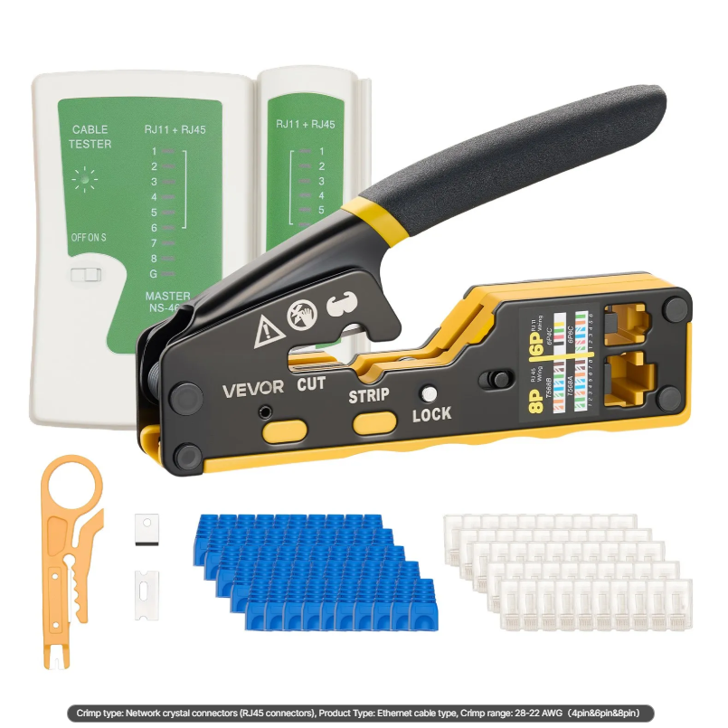 VEVOR Crimping Tool, RJ45-RJ11-RJ12 Ethernet Crimper, Crimp Tool Kit For 4-6-8-Pin Modular Plugs, With Mini Wire Stripper, 50 Connectors And 50 Boots, Replacement Blades, And Network Cable Tester