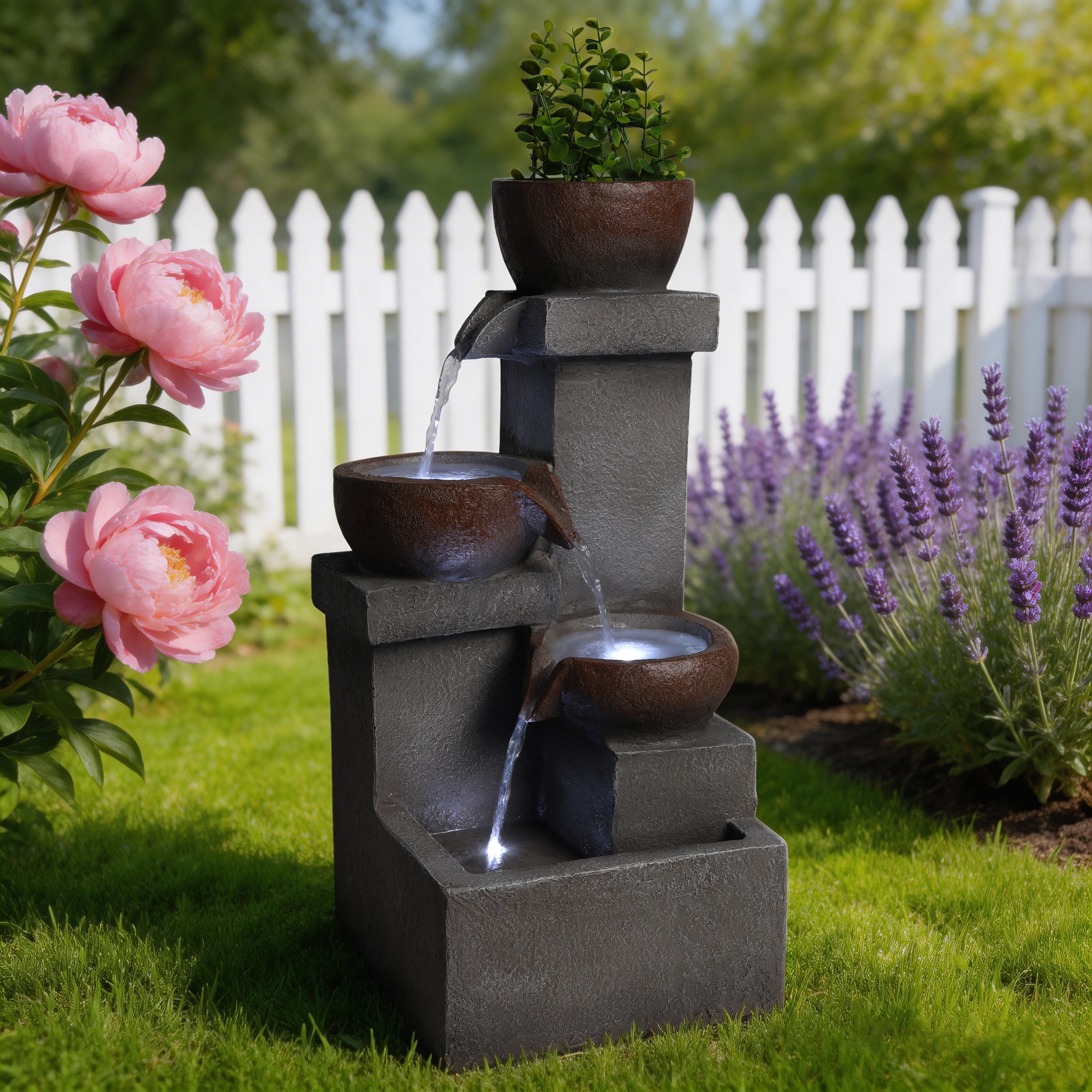 Outdoor Water Fountain Tiered Cascading Jar Waterfall Resin Garden Patio Decor With LED Lights