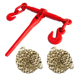 Ratchet tensioner with chain, cargo securing device - 3/8" G80 Tow Chain Bridle with Hooks, 14FT Heavy Duty Alloy Steel Recovery Chain Sling