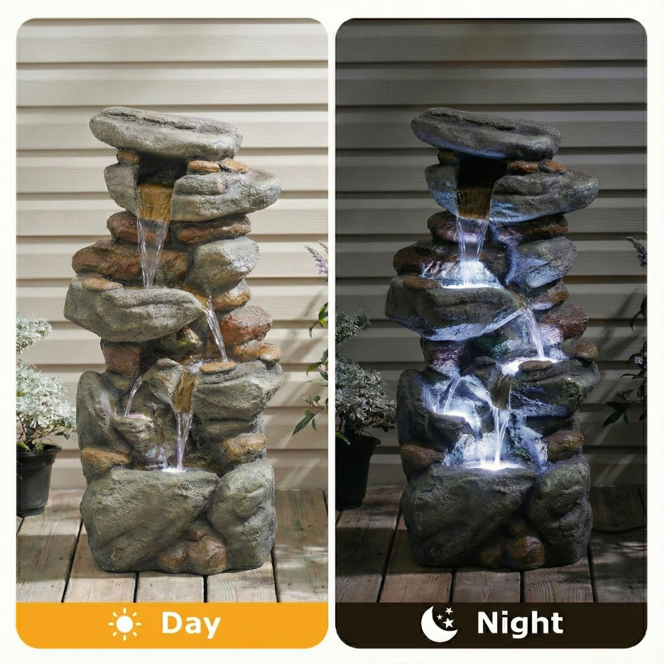 Outdoor Water Fountain Large - Stone Fountains With LED Light For Patio Yard Garden Backyard Decking Outdoor Or Entryway Decor 30inch