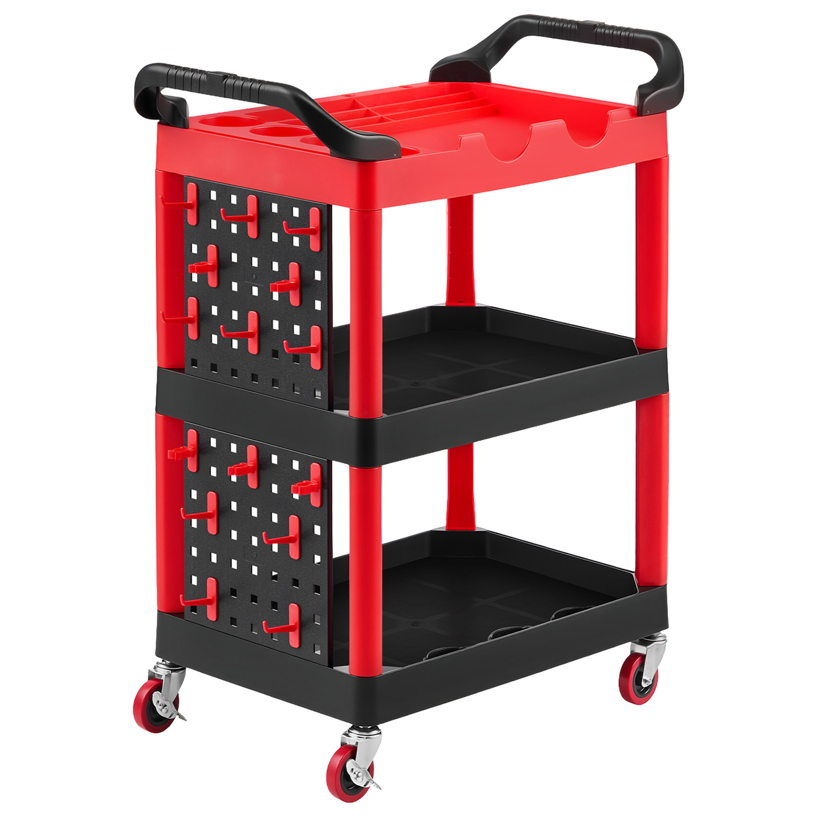 Main product image of Utility Cart, 300 Lbs, 3 Tier, Plastic, Swivel Wheels with Brakes, Trays, Pegboards