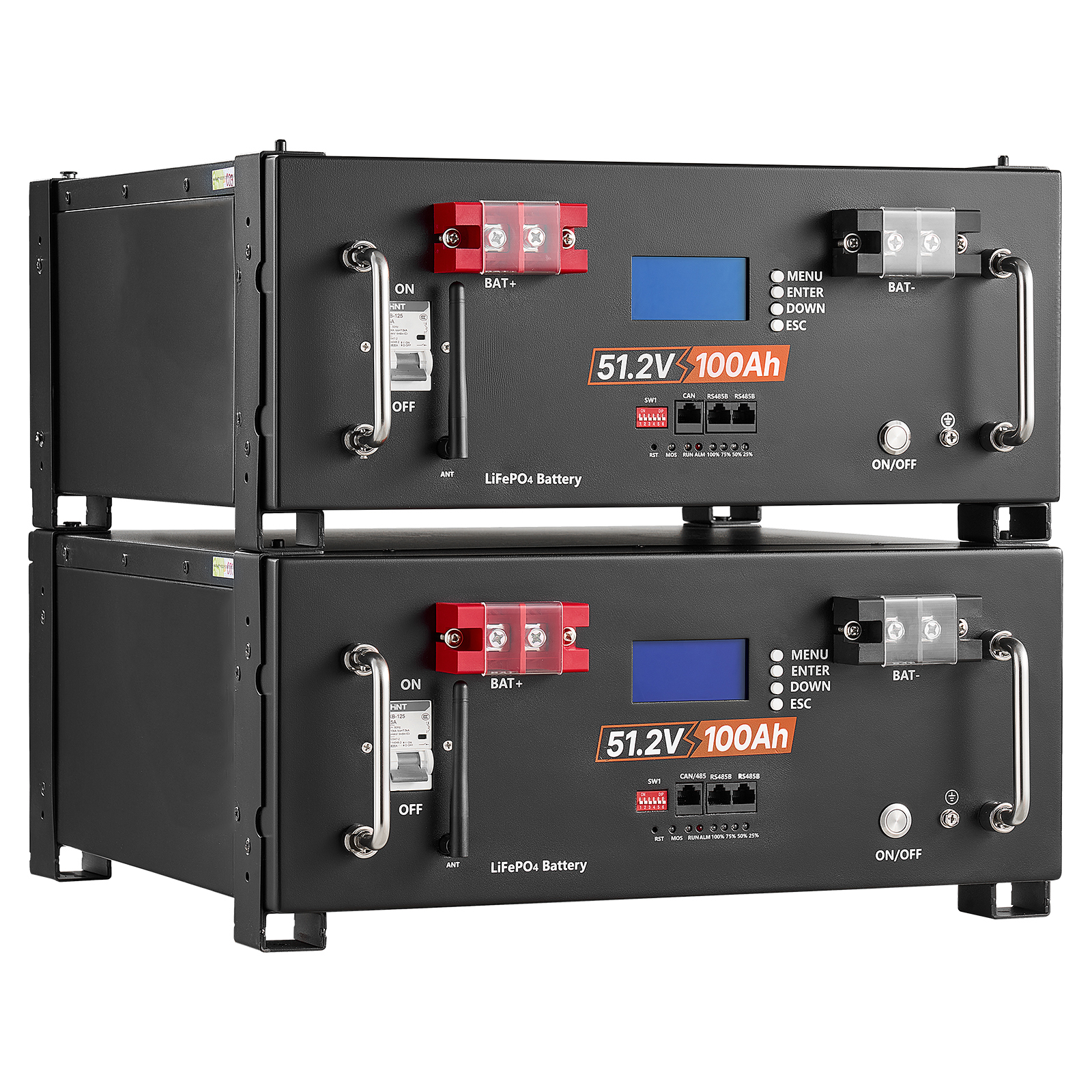 Main product image of 48V 100Ah LiFePO4 Lithium Battery, 51.2V, 5120Wh, 100A BMS, Server Rack, 2 Pack