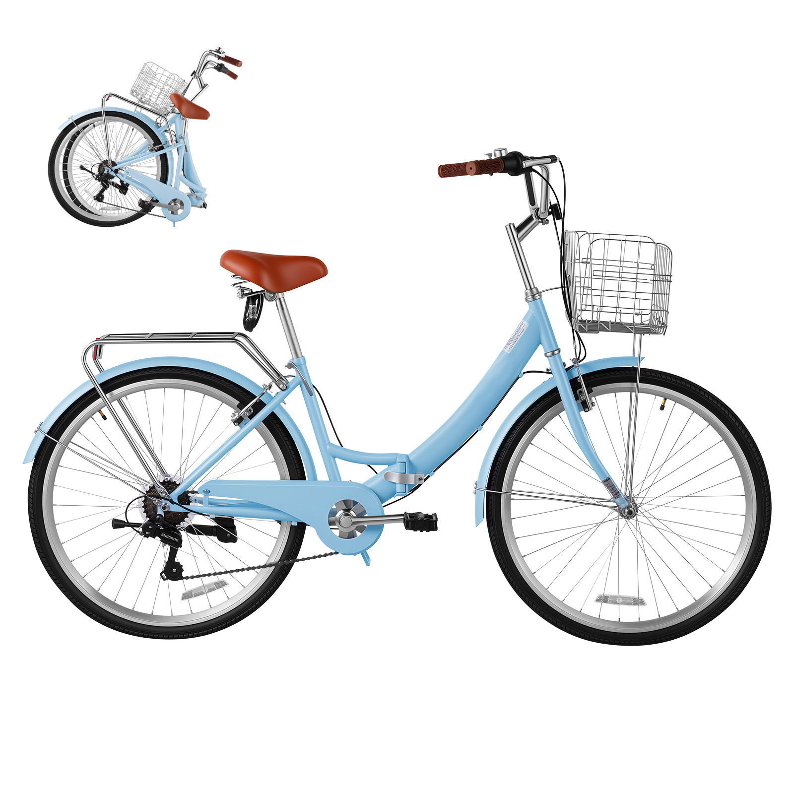 Main product image of Women Bike, 26 In Folding Beach Cruiser Bike, 7-Speed Adult City Bicycle With Steel Frame, 330 Lbs Capacity, Basket, Rear Rack & Dual V-Brakes, Light Blue