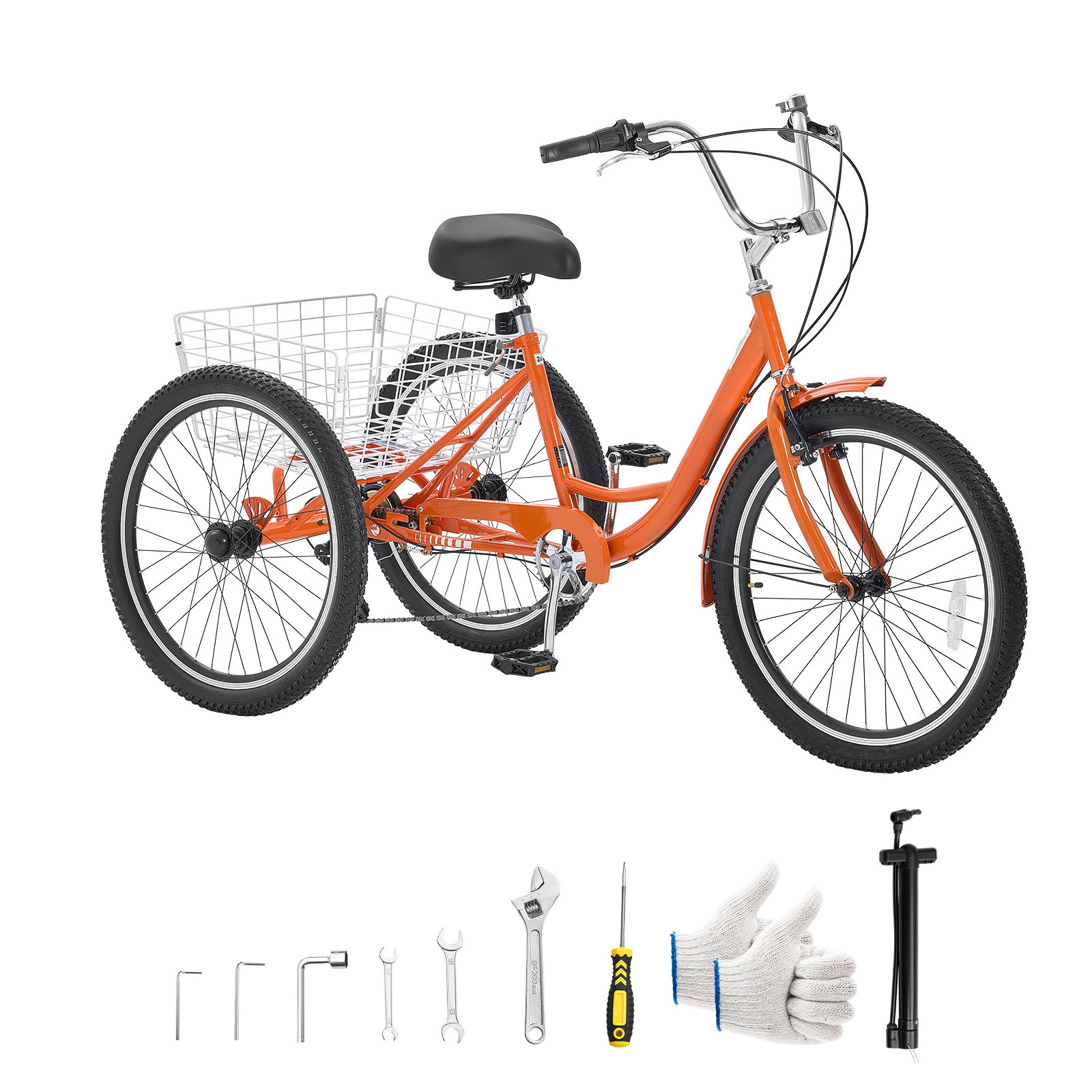 Main product image of 24 Inch Adult Tricycle, 7 Speed, Carbon Steel, Cargo Basket, Double-Wall Rims, Red