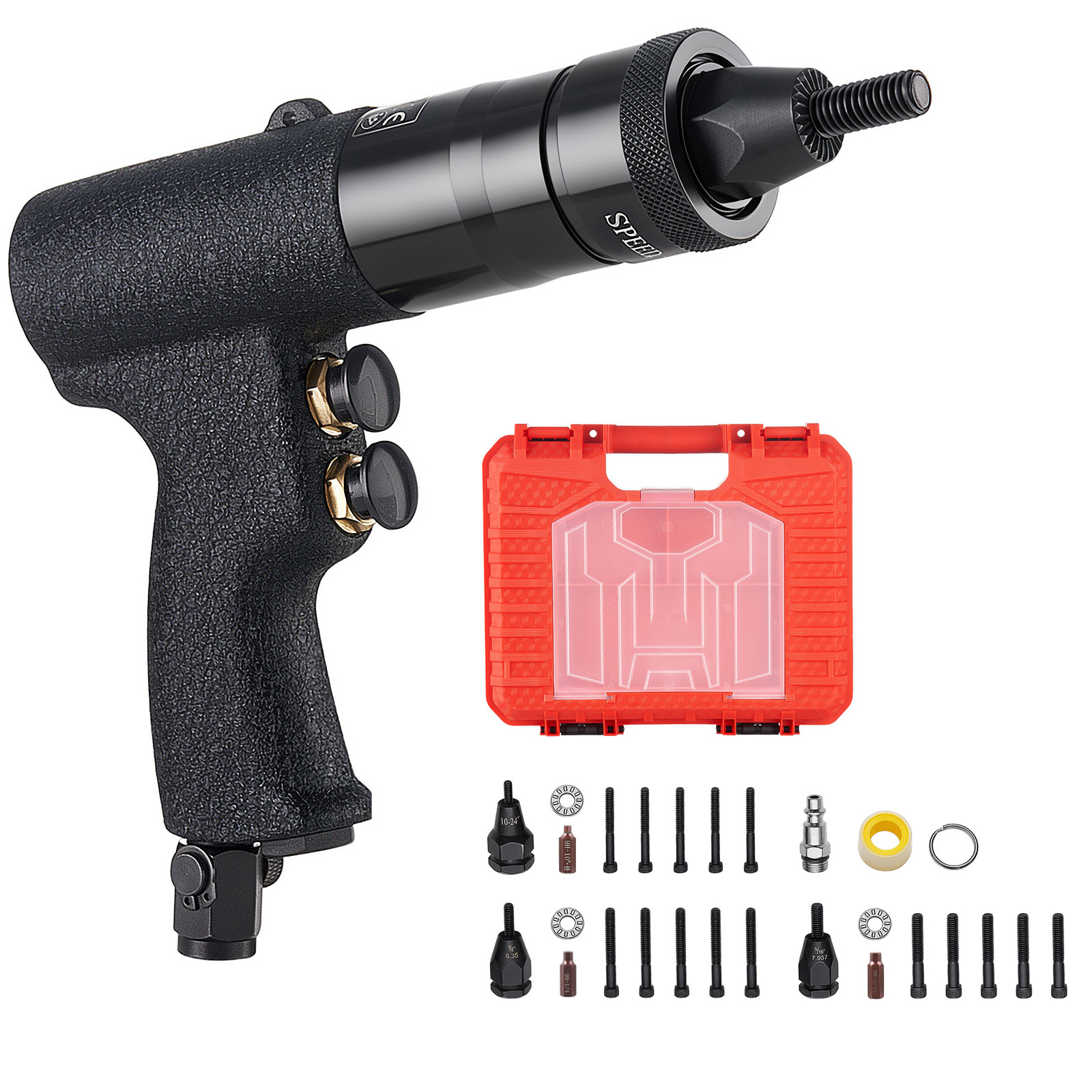 Main product image of Pneumatic Rivet Nut Gun Kit, 1/4", 5/16", 10/24", 3/8" Heads, 20 Mandrels, 2500 LBS, Fwd/Rev