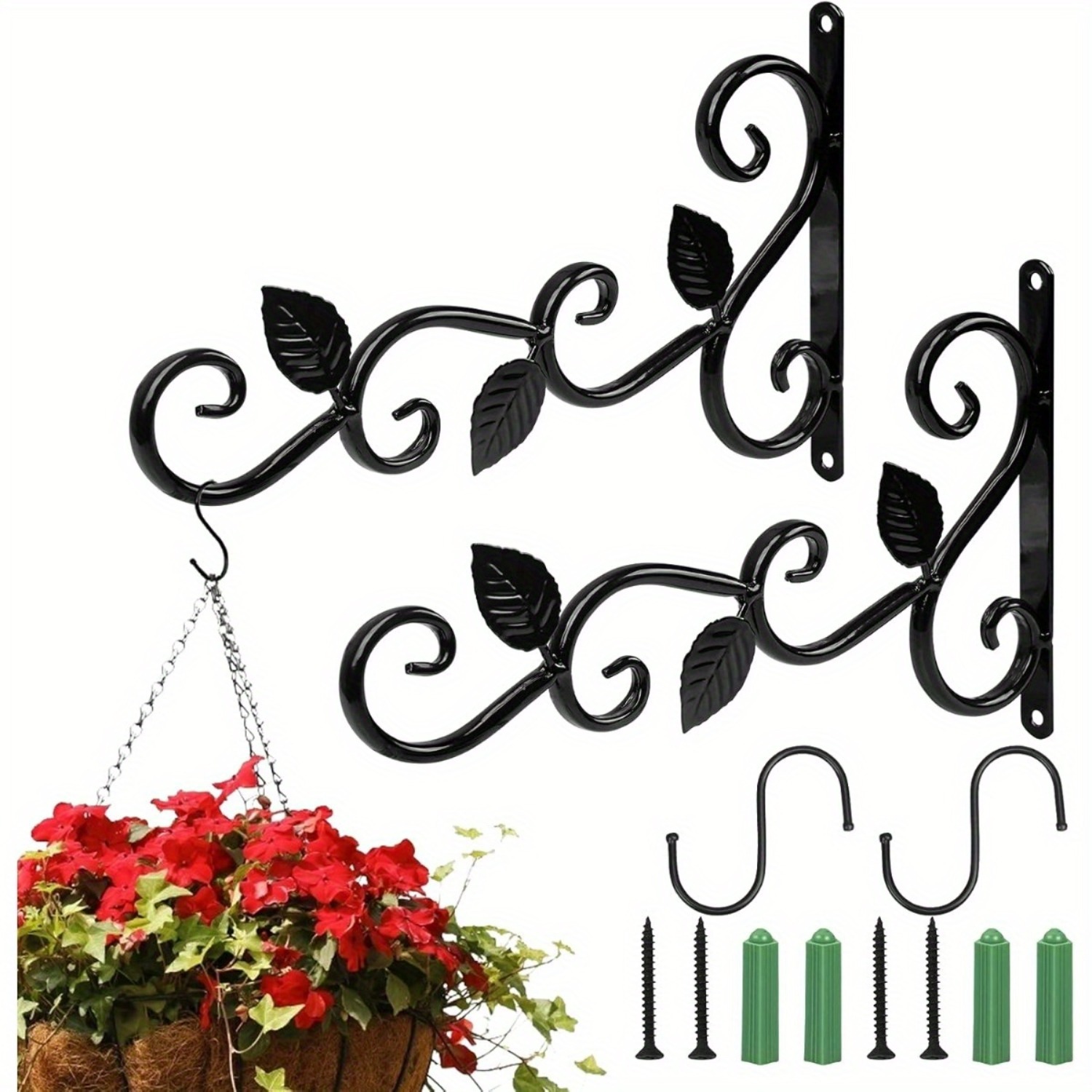 Main product image of 4-Piece Metal Hanging Basket Holder Set with Wall Hooks & S-Hooks, Black