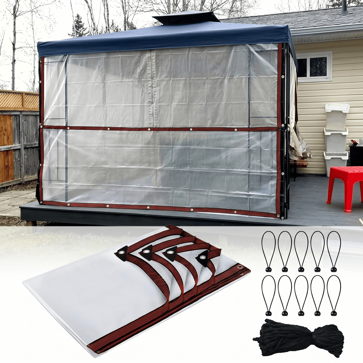 Main product image of 13-Piece Set: 2x3 M Heavy-Duty Tarp, 10 Bungee Balls, 1 Black Rope