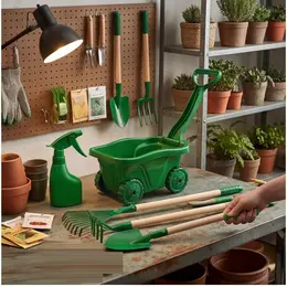 Product image of 7-Piece Green Garden Tool Set with Wheelbarrow