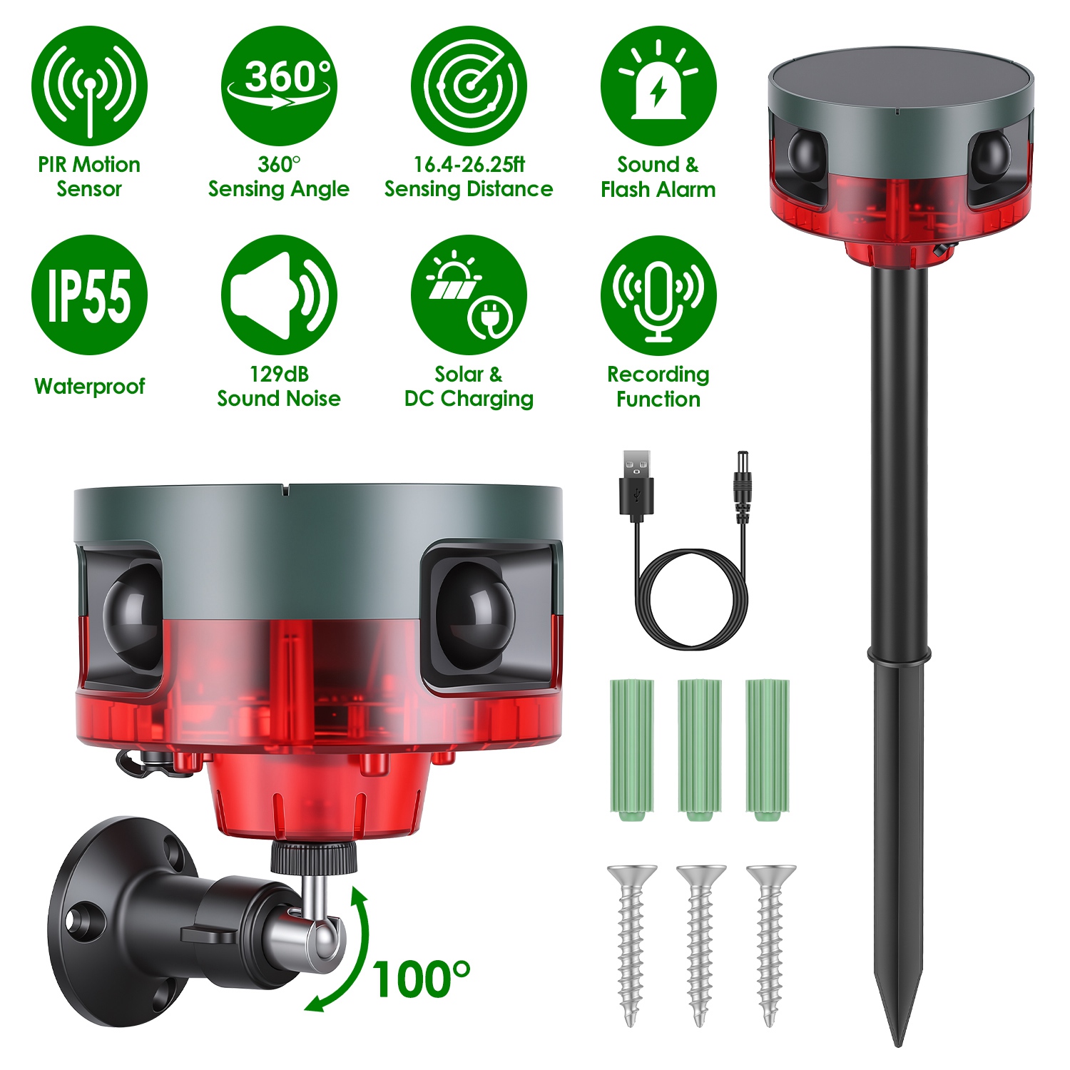 Main product image of Solar Motion Sensor Animal Deterrent Alarm, 129dB, PIR, Flashing LED, USB