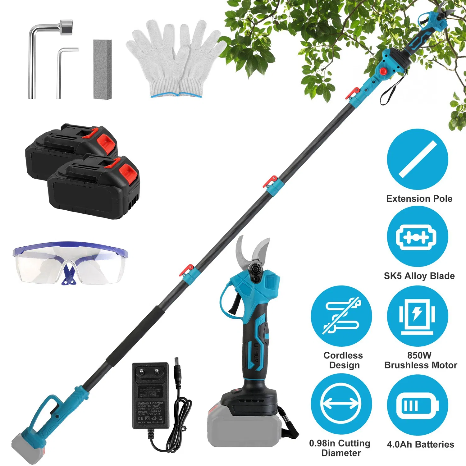 Main product image of 2-in-1 850W Brushless Electric Pruning Shear, 4.5-6.3ft Pole, 200min