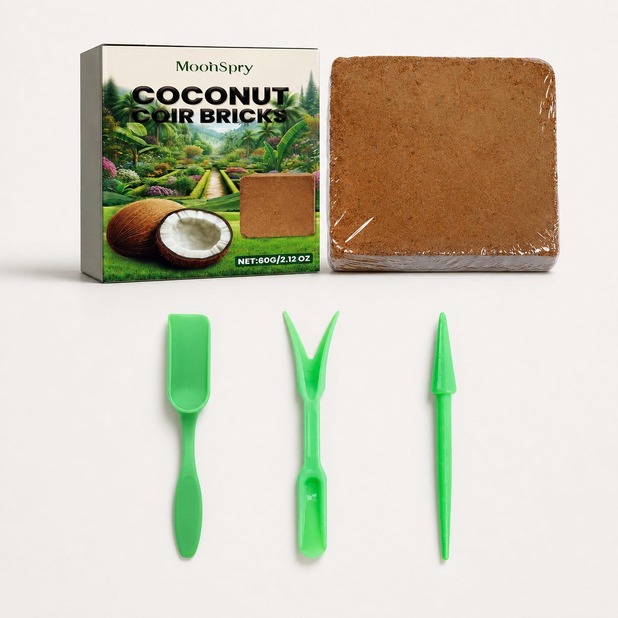 Main product image of MOONSPRY 60g Coconut Coir Brick with 3-Piece Mini Tool Set