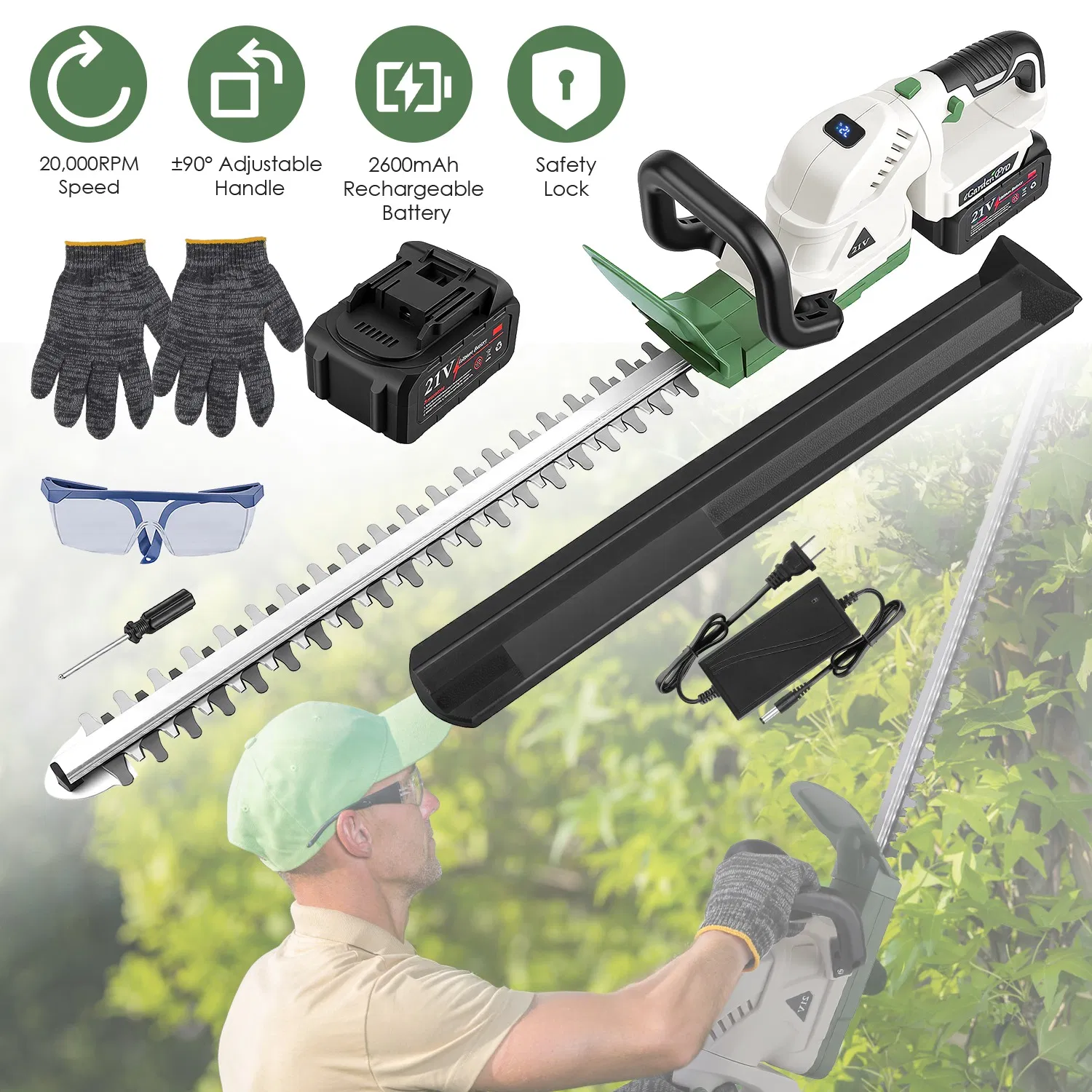 Main product image of Cordless Grass & Hedge Trimmer, 20000 RPM Motor, 2600mAh Battery