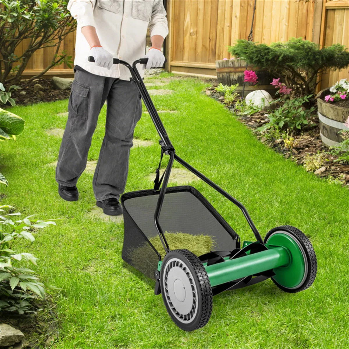 Main product image of 14 Inch Push Lawn Mower with Grass Catcher Bag, Green