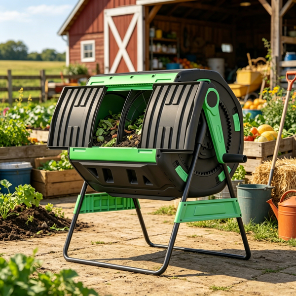 Main product image of 53 Gal Dual Chamber Tumbling Compost Bin, Outdoor, Adjustable Vents, BPA Free, Green