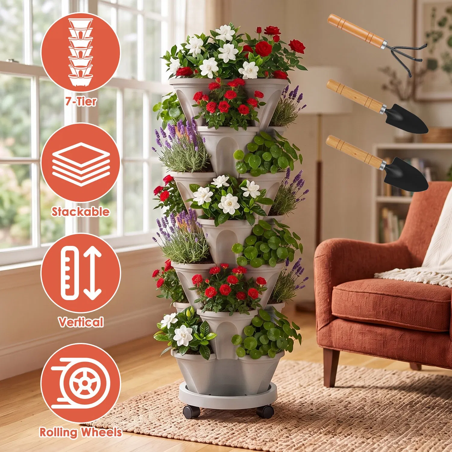 Main product image of 7-Tier Vertical Stackable Planter Tower with Casters, Space-Saving Stack-Up Garden Pots with Complete Tool Kit for Balcony, Deck, Indoor & Outdoor Gardening