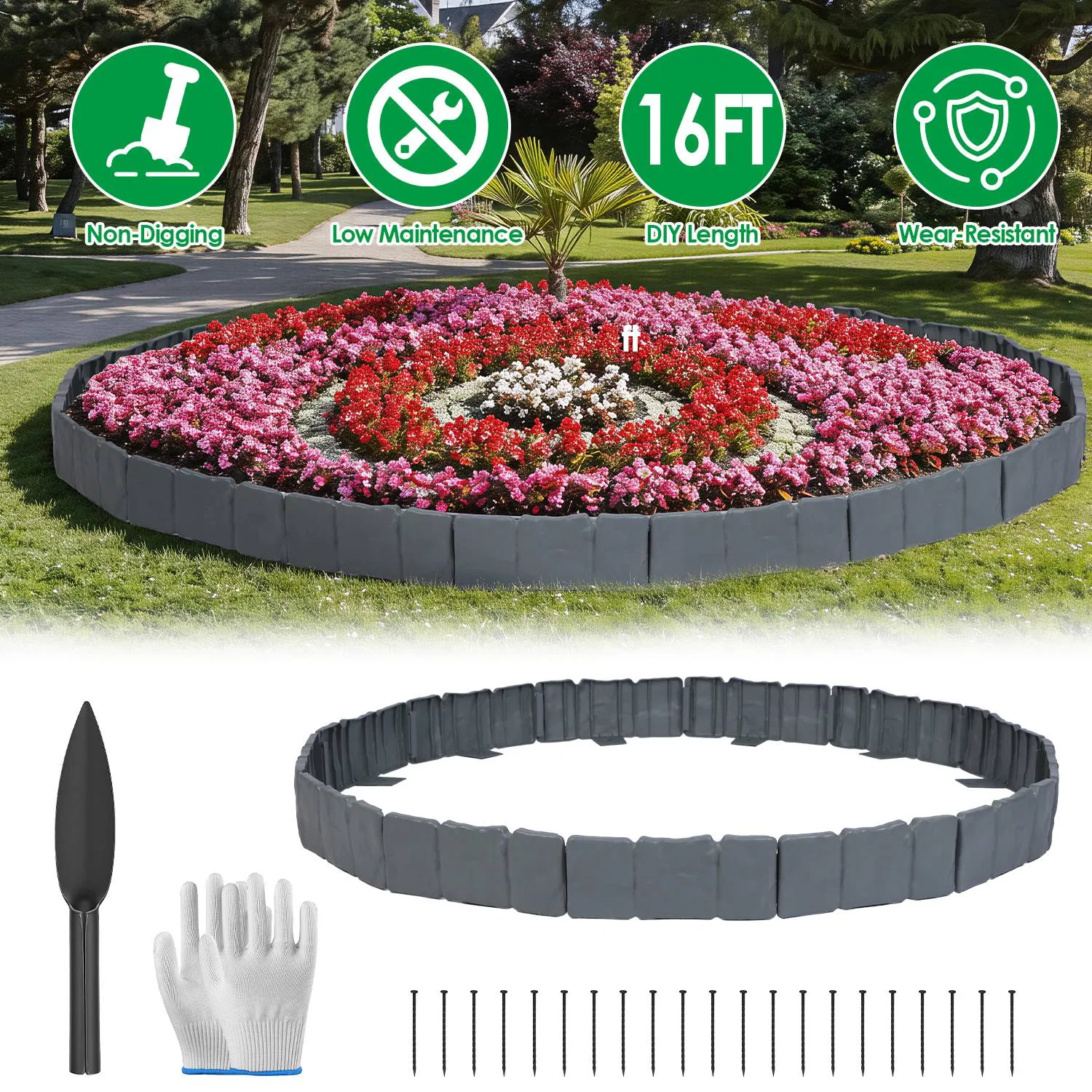 Main product image of Flexible Cobblestone Landscape Edging, Weather Resistant PVC Garden Border Edging with Spikes & Shovel, Interlocking No Dig Lawn Edging for Yard Flower Bed Pathway