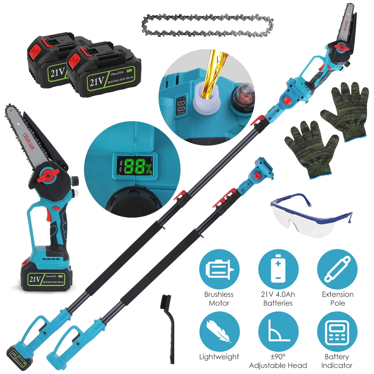 Main product image of Extendable Cordless Pole Saw (5.3-7.4FT, Reach 13FT), 2-in-1 Handheld Chainsaw with ±90° Adjustable Head, Brushless Motor for High Tree Limbs Trimming