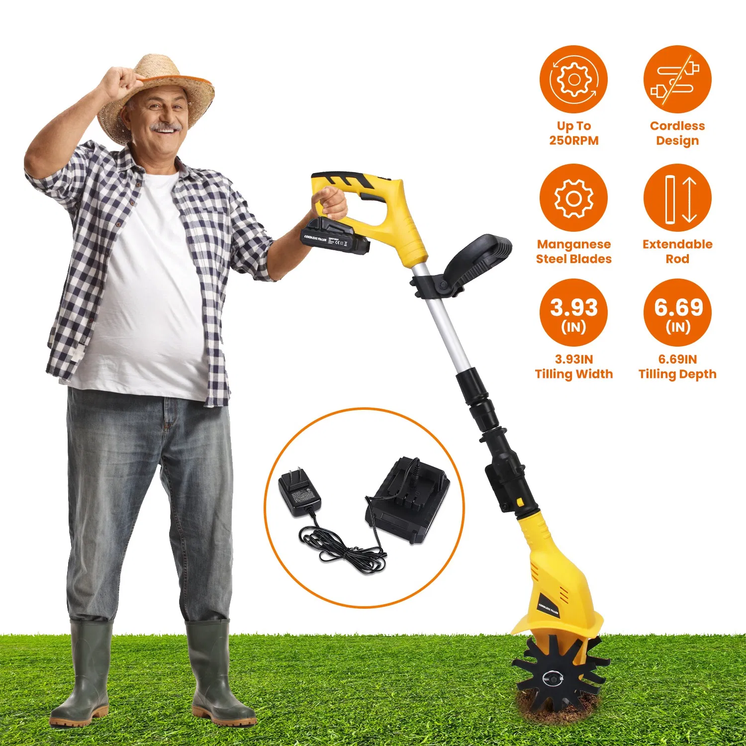 Main product image of 20V Cordless Tiller Cultivator, 250RPM Electric Garden Tiller Depth Garden Rototiller for Lawn/Gardening/Soil Cultivation
