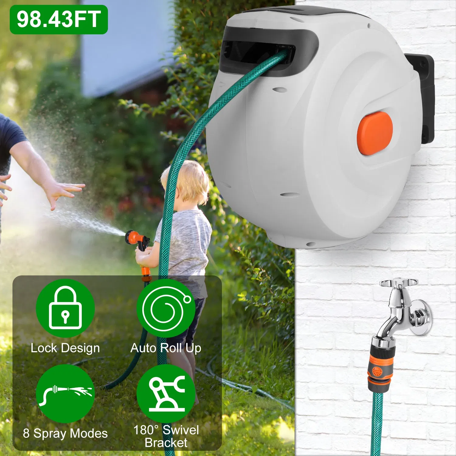 Main product image of Retractable Garden Hose Reel Wall Mounted Automatic Water Hose Reel with Any Length Lock 8 Pattern Spraying Modes 180° Swivel Bracket