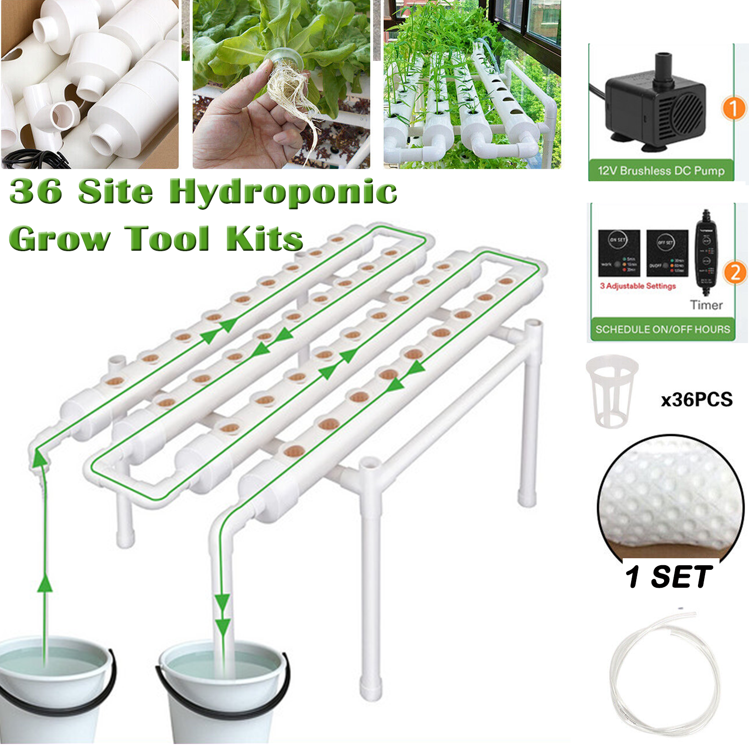 Main product image of 36-Site PVC Hydroponic Grow System with Water Pump